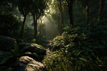 Obraz premium Serene Forest Scene with Soft Sunlight Filtering Through Dense Foliage and Tranquil Stream in Lush Vegetation