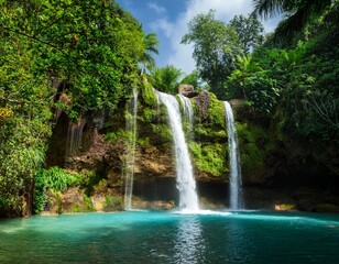 a majestic waterfall in a tropical paradise where the water cascades down lush green cliffs into a crystal clear pool below surrounded by vibrant vegetation