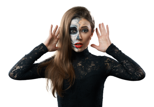 Woman in Unique Half Skull Makeup with Surprised Expression