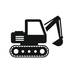 Black Silhouette of a Compact Excavator with Bucket Extended on White Background digger construction