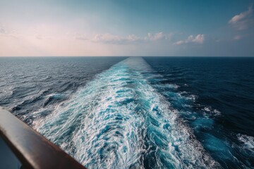 Serene Ocean View with Gentle Waves and Wake from Cruise Ship Under Blue Sky and Lush Clouds at Dusk