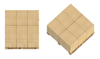Top view of cardboard containers stacked on a pallet, isolated on a transparent background. Vertical tilt of the camera at 45 degrees. 3D illustration