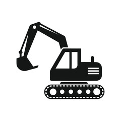 Black silhouette of an excavator with a bucket extended on a white background construction vehicle