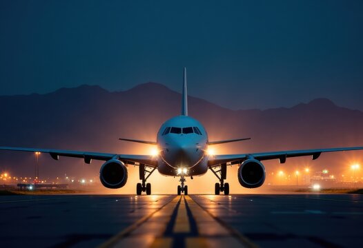 Wide-body passenger aircraft positioned on illuminated runway at night, surrounded by airport lights with mountain silhouette in background.
