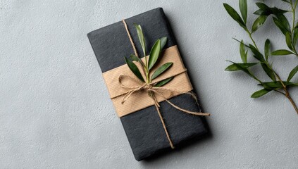 Gift-wrapped present on a light gray surface