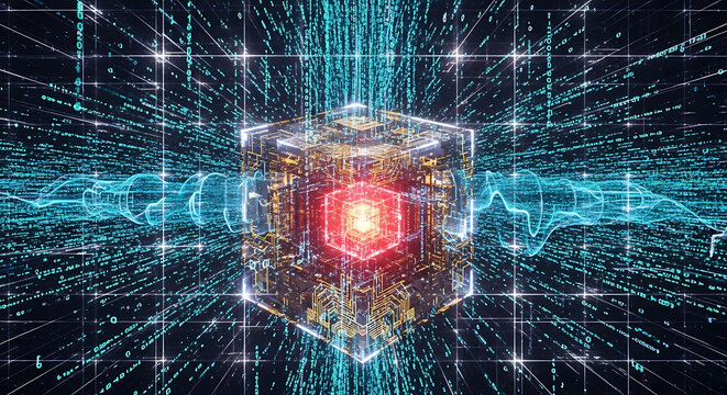 A complex digital cube structure with glowing energy and intricate patterns, showcasing advanced technology and data processing. - Powered by Adobe