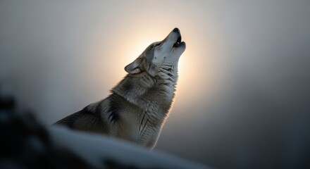 Gray Wolf Howling at Sunrise in Misty Wilderness
