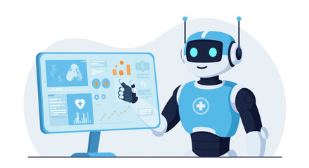 Friendly medical robot interacting with healthcare data on screen, modern AI diagnostics technology integration