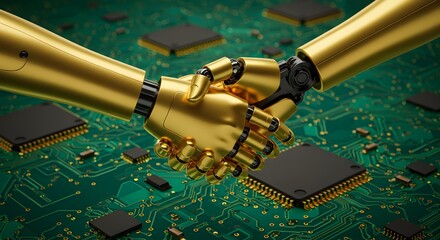 A golden robot handshake over a green circuit board with black chips in a technological setting