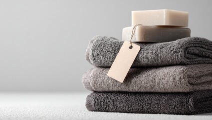Stack of grey towels and soaps