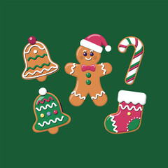 Christmas Gingerbread Cookie Set with Candy Cane, Stocking, Bells, and Santa Gingerbread Man – Cute Holiday Illustration.