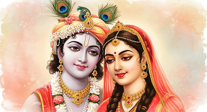 Portrait of Hindu deities Radha and Krishna gods