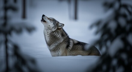 Howling Gray Wolf in Snowy Winter Forest Under Soft Light
