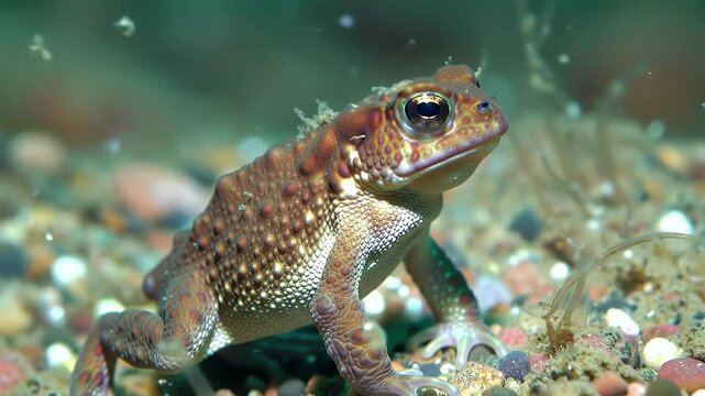 Close-up of a Warty Toad Partially Submerged in Clear Freshwater with Pebbled Bottom