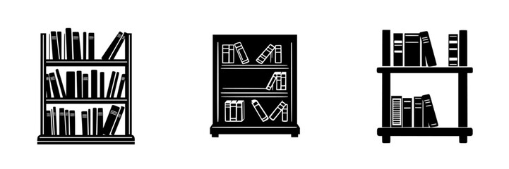 Various bookcase designs showcasing shelves filled with books in a minimalist style