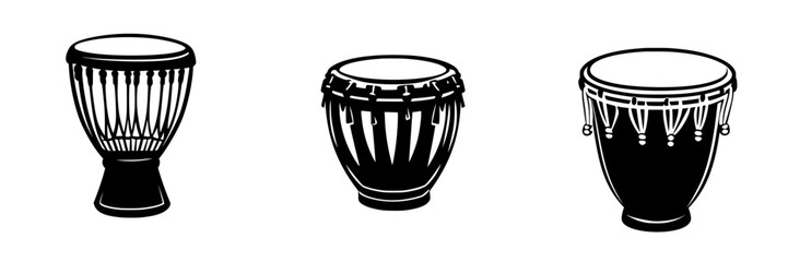 Various drumming instruments displayed in a row on a white background in an artistic design format