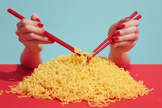 A pile of instant noodles, held aloft by hands with chopsticks