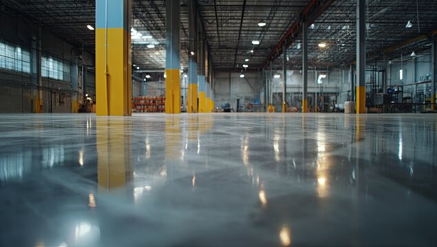 Wide shot of a clean, modern warehouse interior