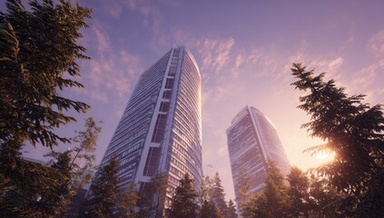 Two modern skyscrapers framed by trees at sunset