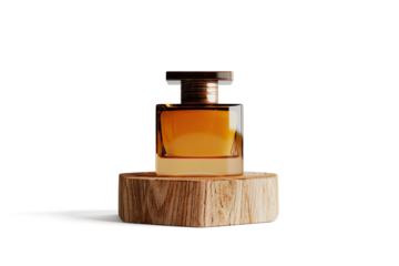 Amber Perfume Bottle at on Wooden Block on a transparent background