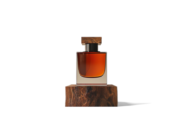 Amber Perfume Bottle on Wooden Block on a transparent background