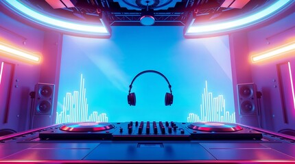  DJ booth with  turntable, mixer,  headphones, surrounded by neon lights and speakers, against  blue and pink background