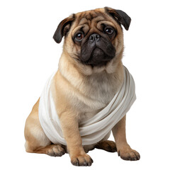 Obraz premium Cute pug wearing a white draped fabric, looking adorable and expressive with soulful brown eyes