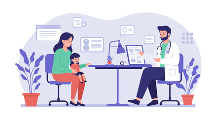 Doctor consulting with mother and child in modern clinic setting for healthcare checkup