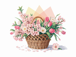 Blooming Spring Delight Wicker Basket Filled with Pink Tulips and Cherry Blossoms a Watercolor Painting for Greeting Cards