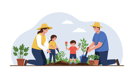 Happy family planting flowers and vegetables together in vibrant sunny garden, joy and growth