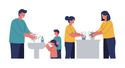 Family washing hands together for hygiene and health, promoting cleanliness and safety at home