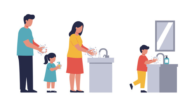 Family practicing proper handwashing techniques for hygiene and health in modern bathroom
