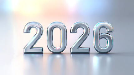 Clean silver 2026 digits on light gradient background with soft pastel reflections and shine