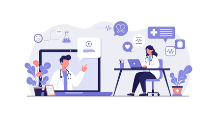 Telemedicine consultation with doctors on laptop screen, healthcare support and online care concept