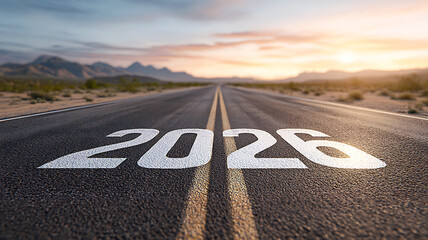 Highway perspective 2026 digits painted on asphalt road with warm sunlight and hills backdrop