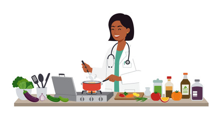 Smiling doctor cooking healthy meal with fresh ingredients in a modern kitchen setting