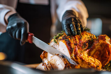 Chef carving roasted turkey in restaurant