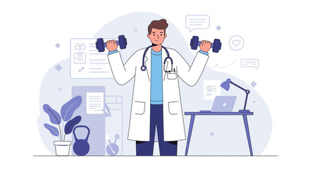 Healthy doctor lifting weights promoting wellness and modern healthcare lifestyle