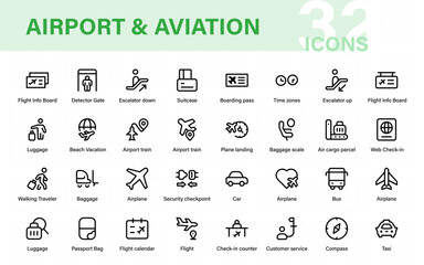 Airport vector line icon set. Contains linear outline icons like Plane, Ticket, Baggage, Seat, Wifi, Bag, Departure, Terminal, Passport, Transport, Luggage, Airplane.