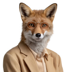 Obraz premium Fox Character in Formal Attire with Glasses, Blending Animal and Human Traits for Creative Concepts