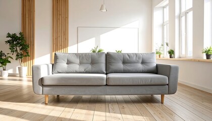 Fototapeta premium A modern, light gray sofa sits in a bright, airy living room with wooden accents and abundant natural light.
