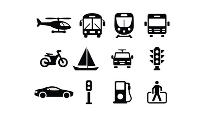 Transport Icon Set with Car, Bike, Train, Bus, Helicopter, Fuel Pump, Traffic Light, and Pedestrian Symbols.