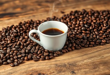 Fototapeta premium Steaming coffee cup nestled in aromatic coffee beans on weathered wood, light roast, rich