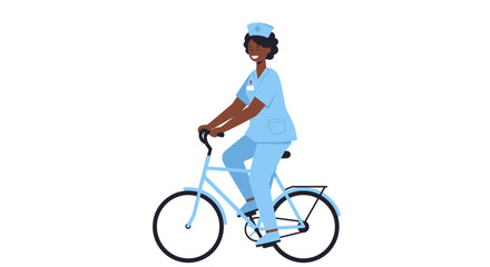 Fototapeta premium Kind nurse rides bike to work promoting eco friendly health care with a happy smile and modern uniform