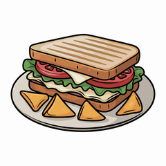 Delicious Grilled Sandwich with Fresh Ingredients and Crunchy Tortilla Chips Illustration for Food Blogs and Culinary Arts Promotion