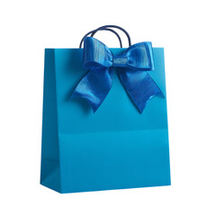 Bright blue gift bag with a shiny blue bow isolated on transparent background