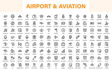 Airport vector line icon set. Contains linear outline icons like Plane, Ticket, Baggage, Seat, Wifi, Bag, Departure, Terminal, Passport, Transport, Luggage, Airplane.