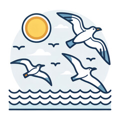 Fototapeta premium Seabirds Sunset Ocean Scene, Illustration, Isolated on Transparent Background, Seagull, Birds, Ocean