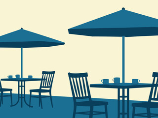 Stylized outdoor cafe seating with umbrellas tables and chairs creating a calming and inviting atmosphere for relaxation and conversation in shades of blue