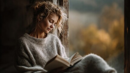 Autumn woman Reading by Window